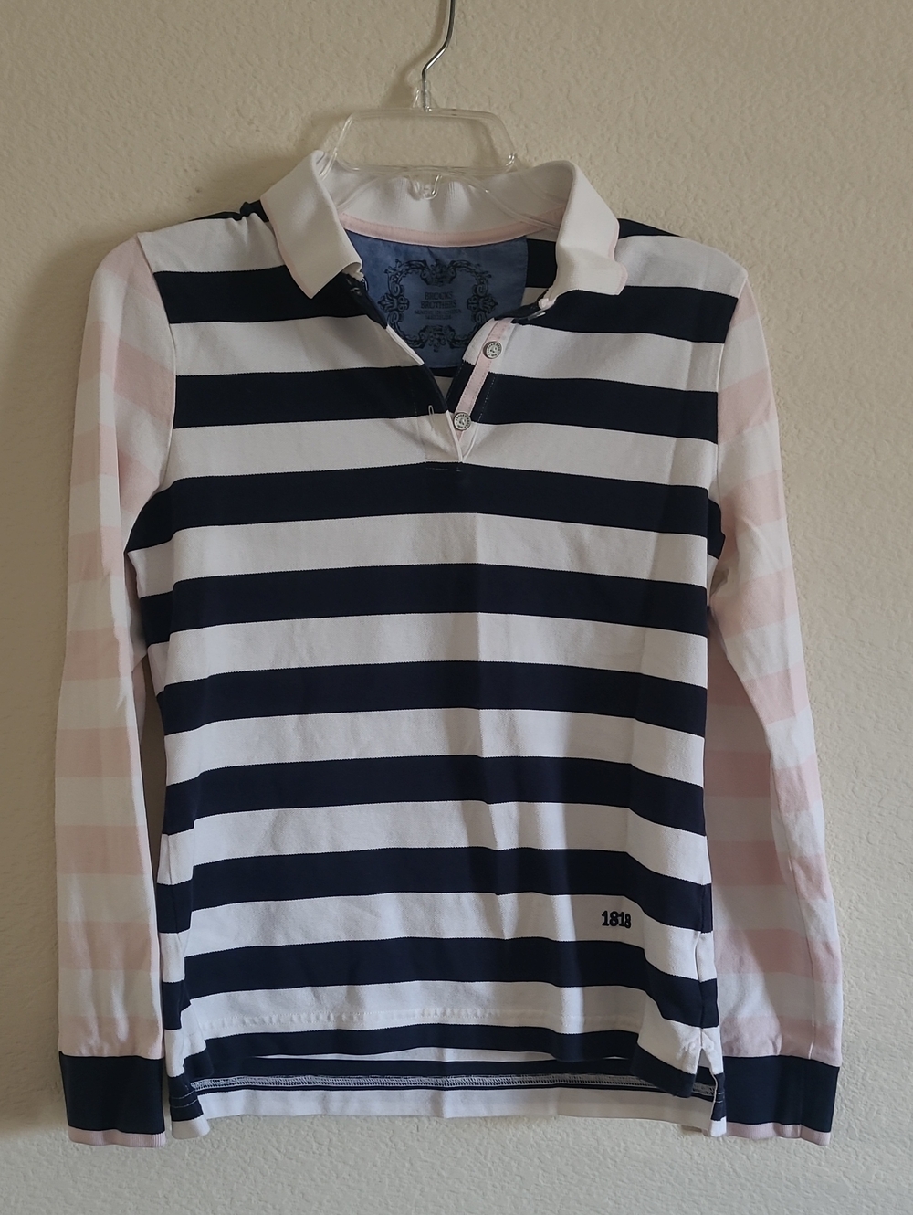 Brooks Brothers Striped Polo Top in Navy, White & Light Pink Size M